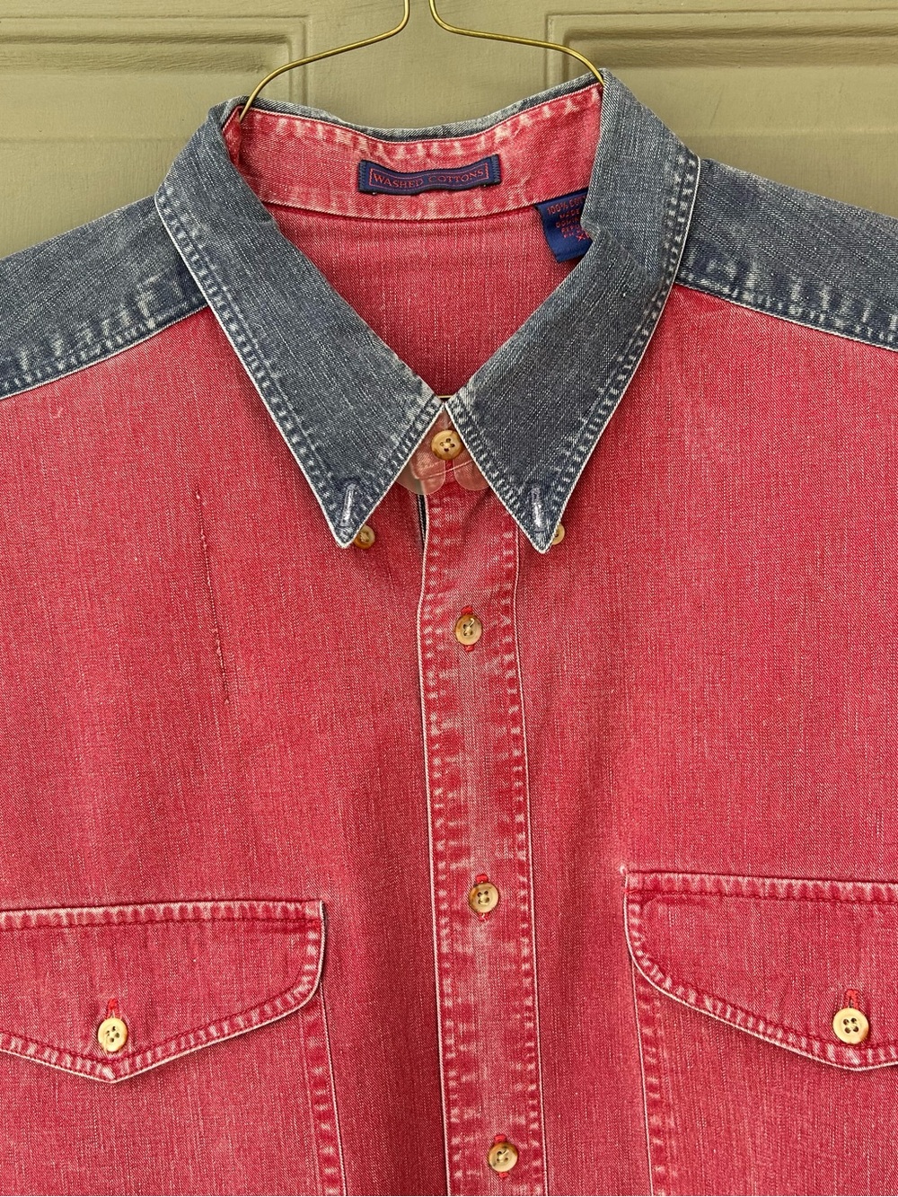 Men's Two-Tone Denim Button-Up Shirt in Red and Blue